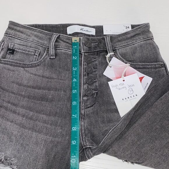 KanCan Strait Fit High Rise Skinny Distressed Button Fly Jeans Charcoal Wash - Picture 8 of 15